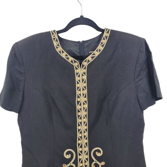 Vintage 80's Positive Attitude Dress 14P Black Linen Embroidered Beaded Western - Picture 6 of 9